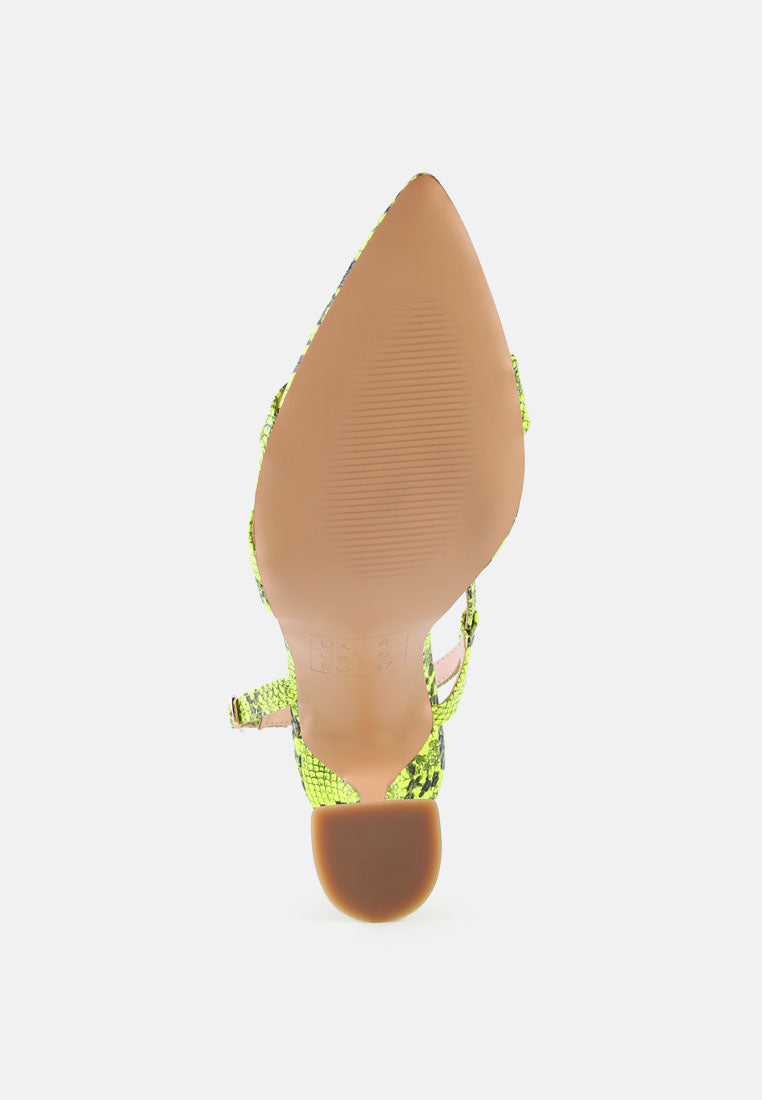 cherry tart snake print spool heel sandals by ruw#color_neon-yellow