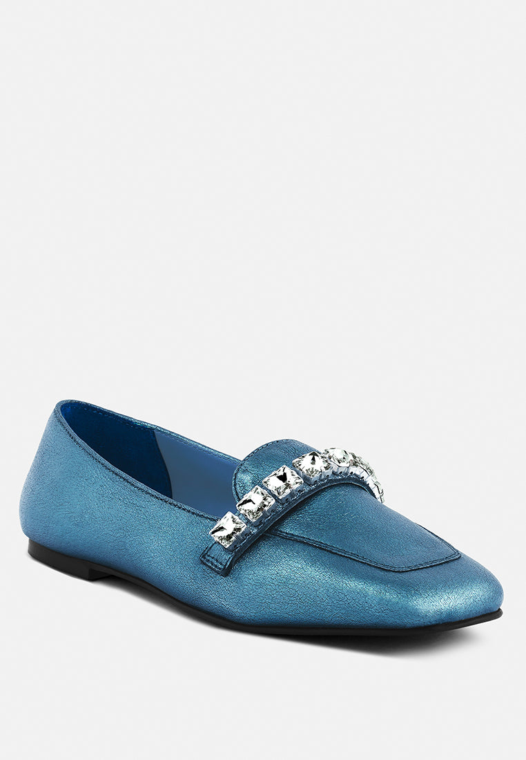 churros green metallic diamante leather loafers#color_blue