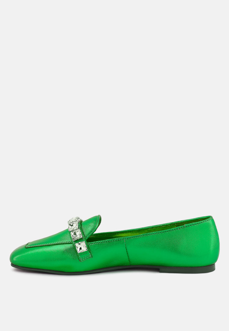 churros green metallic diamante leather loafers by ruw#color_green
