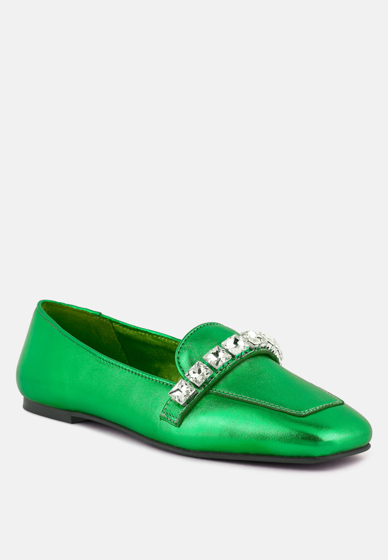 churros green metallic diamante leather loafers by ruw#color_green