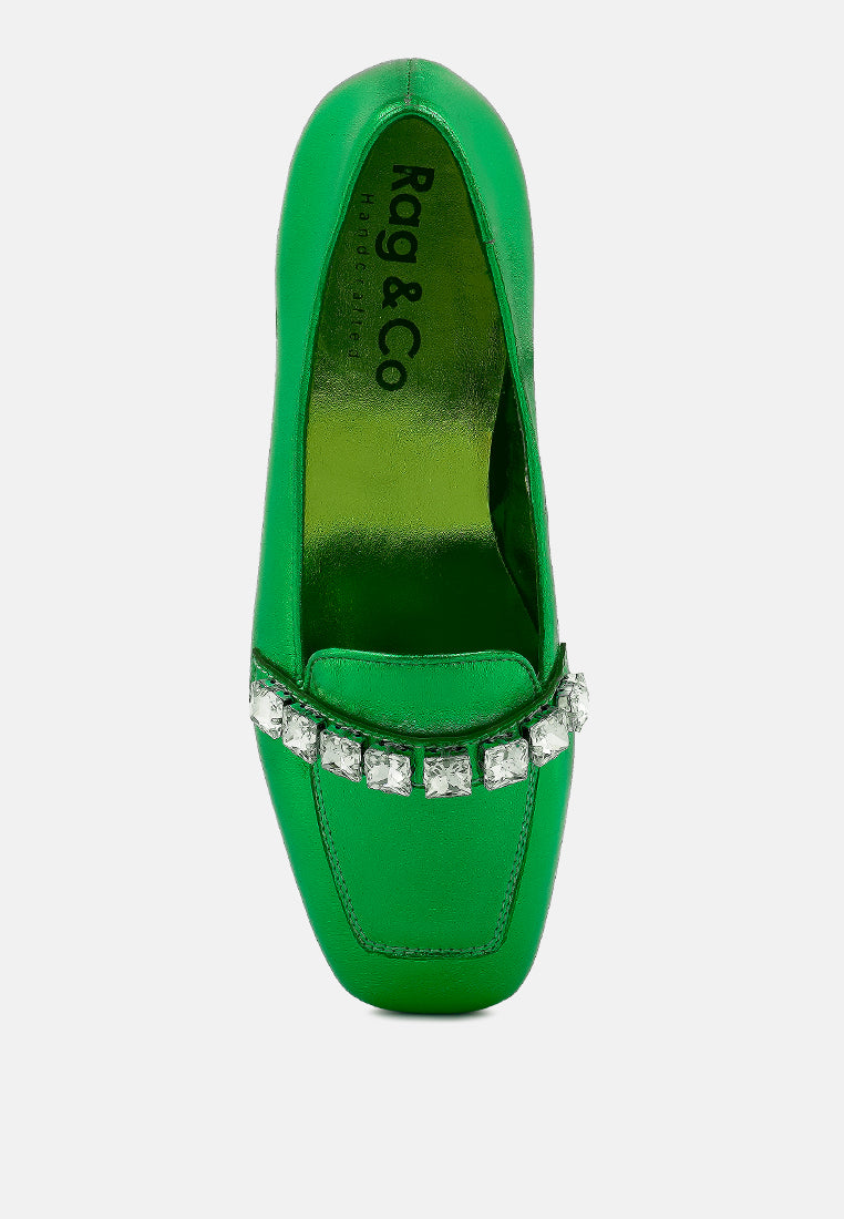 churros green metallic diamante leather loafers#color_green