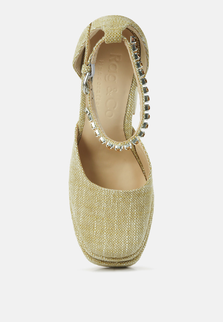 diamanate embellished ankle strap high block heel sandals#color_brown