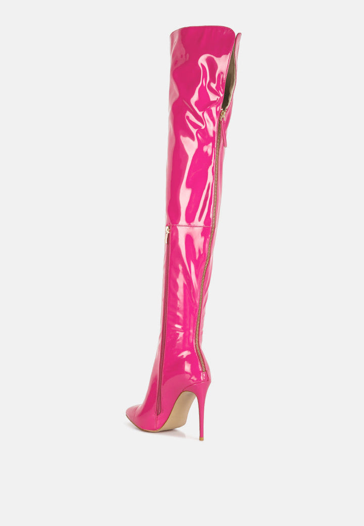 eclectic patent pu long stiletto boots by ruw#color_neon-pink