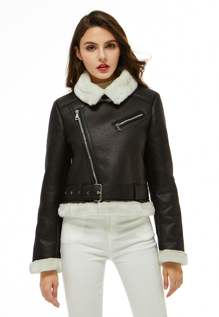 faux leather biker jacket#color_black-white