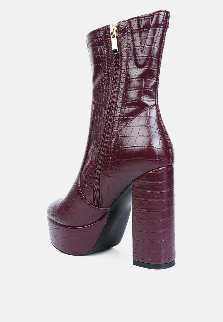 feral high heeled croc pattern ankle boot by ruw#color_burgundy