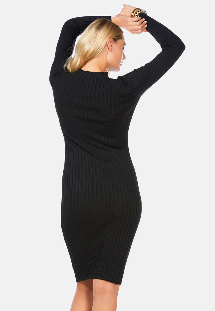 full sleeved rib knit bodycon dress by ruw#color_black