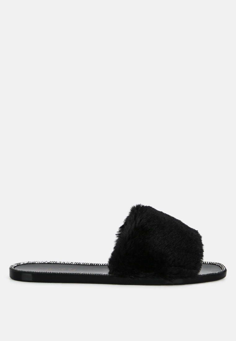 geese faux fur diamante detail jelly flats by ruw#color_black