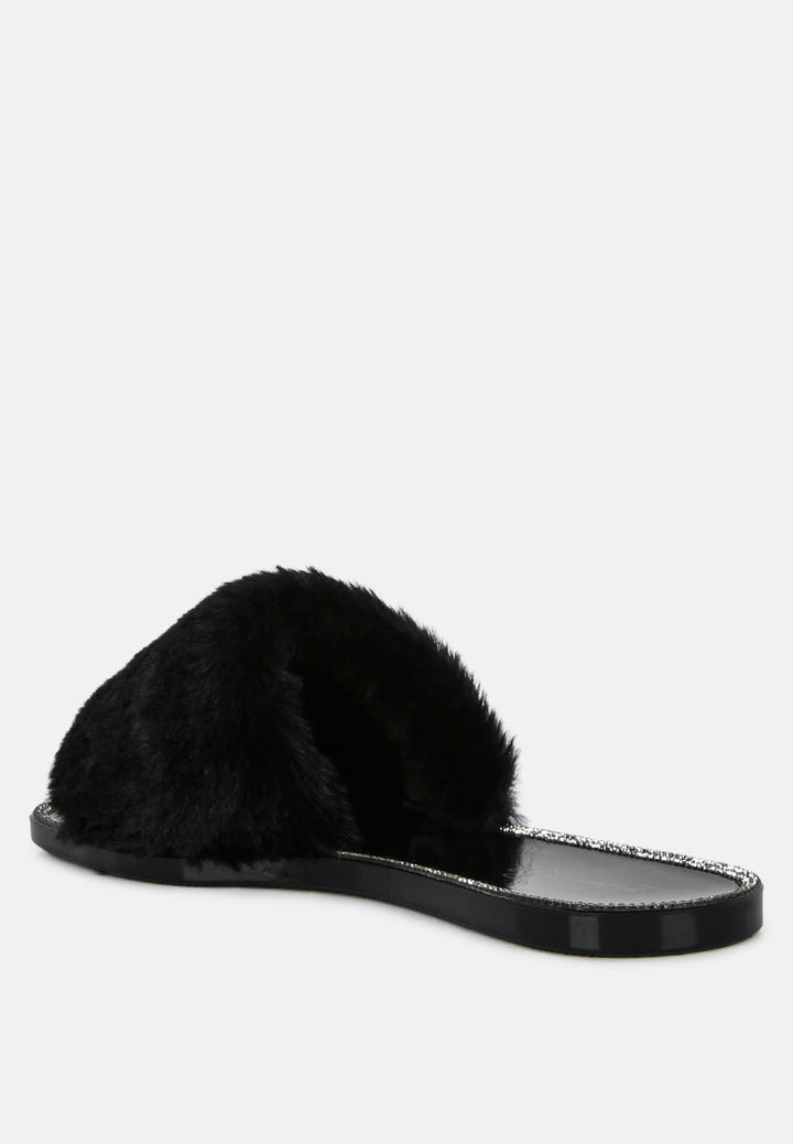 geese faux fur diamante detail jelly flats by ruw#color_black