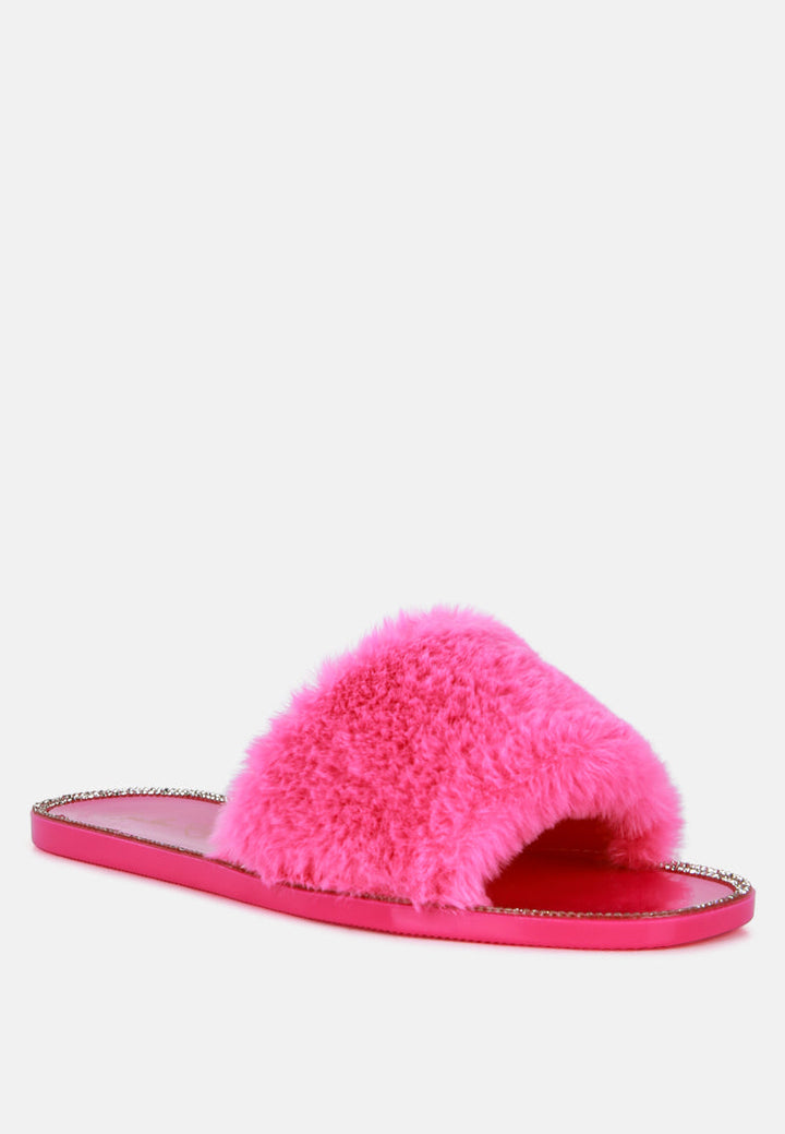 geese faux fur diamante detail jelly flats by ruw#color_pink