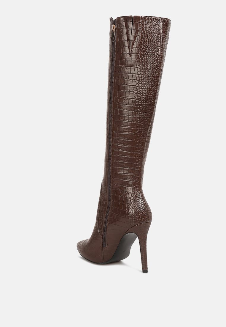 indulgent high heel croc calf boots by ruw#color_dark-brown