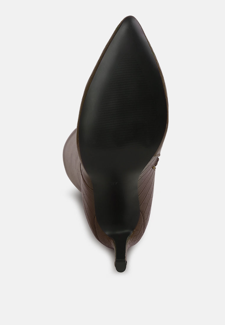 indulgent high heel croc calf boots by ruw#color_dark-brown