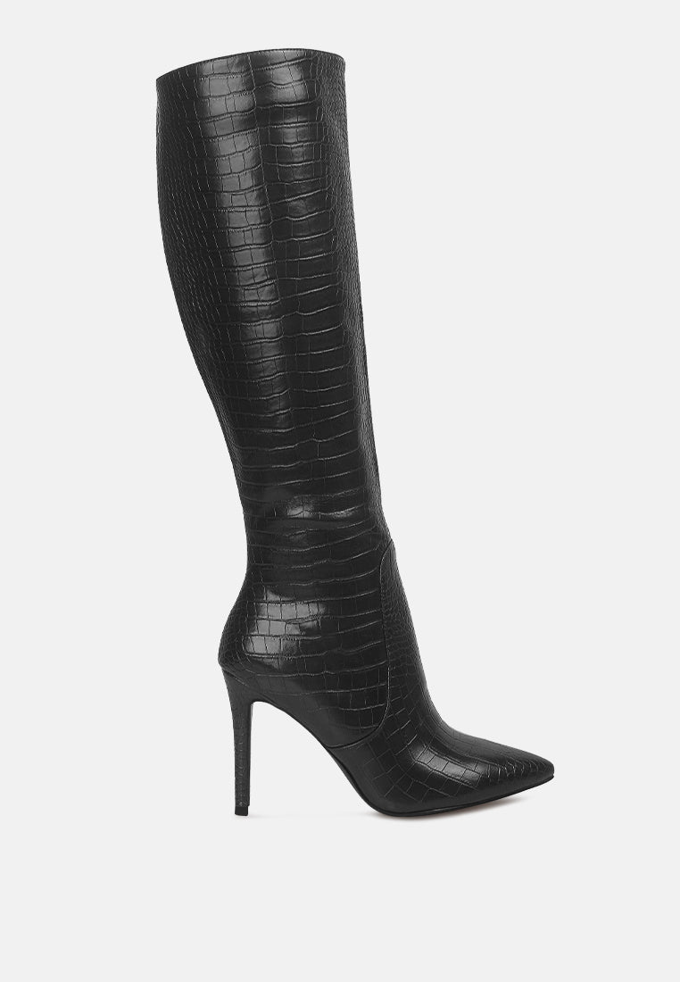 indulgent high heel croc calf boots by ruw#color_black