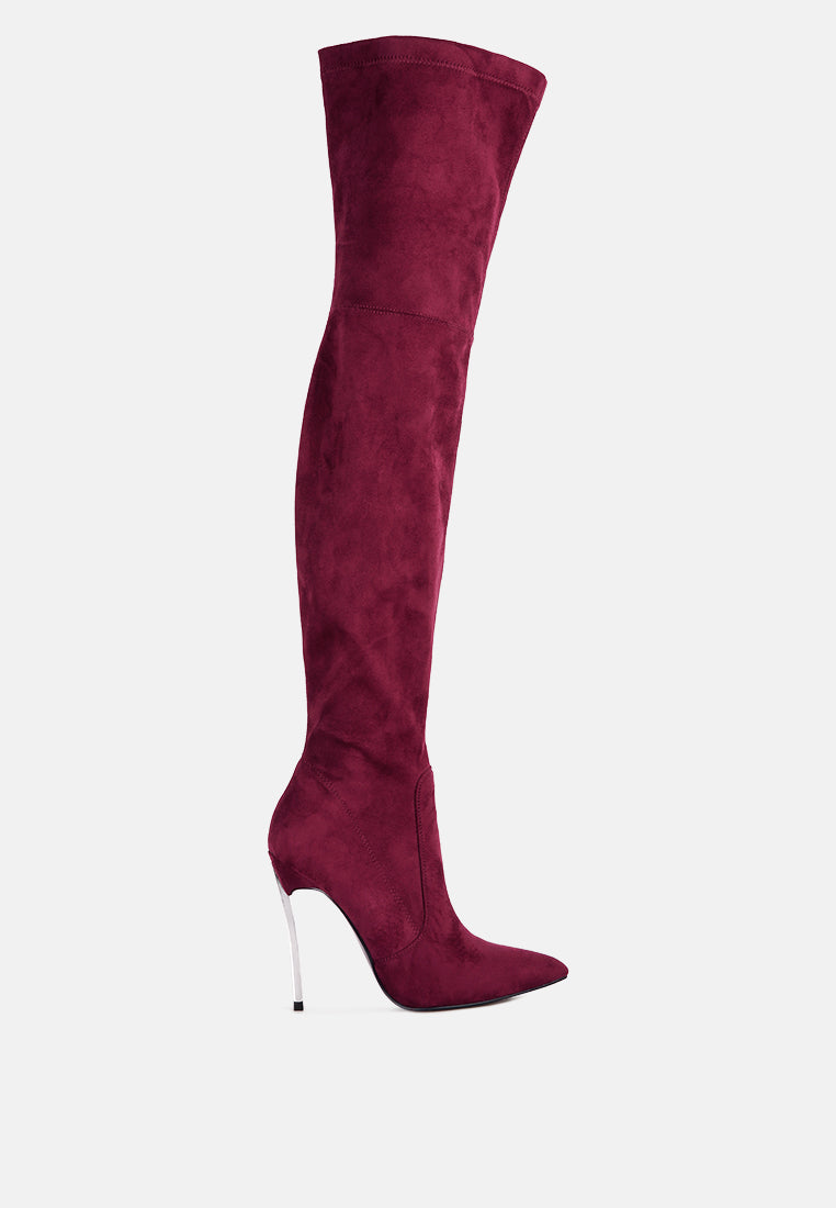 jaynetts stretch suede micro high knee boots by ruw#color_burgundy