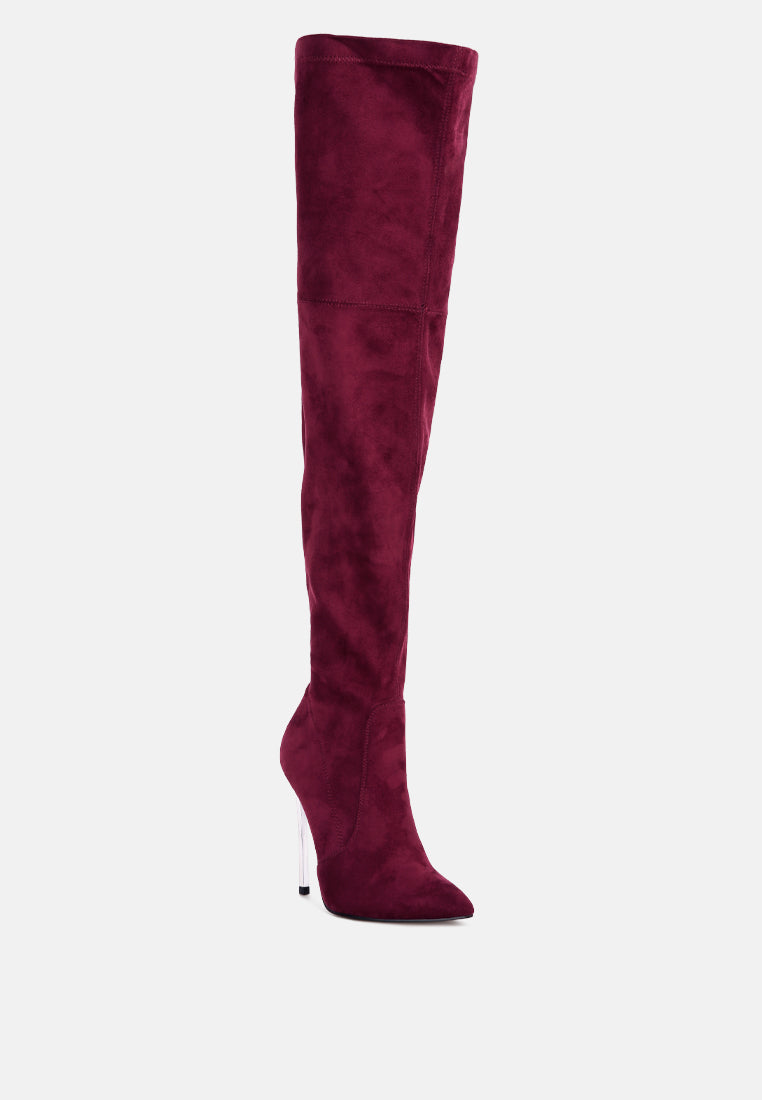 jaynetts stretch suede micro high knee boots by ruw#color_burgundy