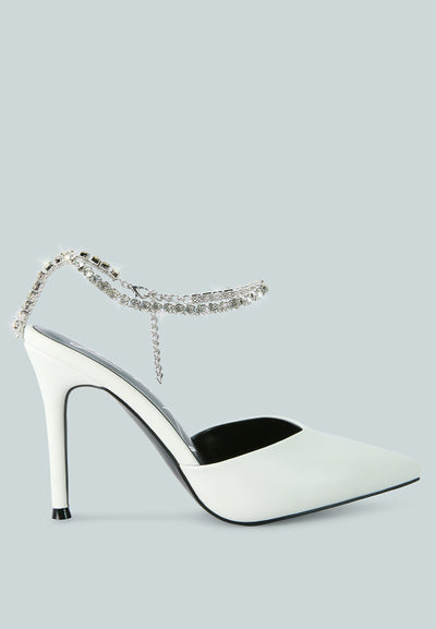 joyce high heeled rhinestone mule sandals#color_white