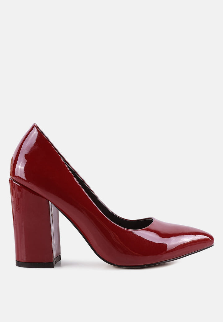 kamira patent faux leather block heel pumps by ruw#color_burgundy
