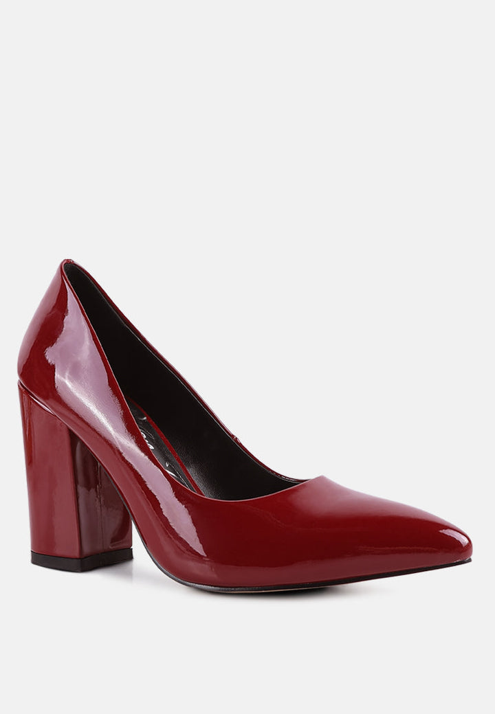 kamira patent faux leather block heel pumps by ruw#color_burgundy
