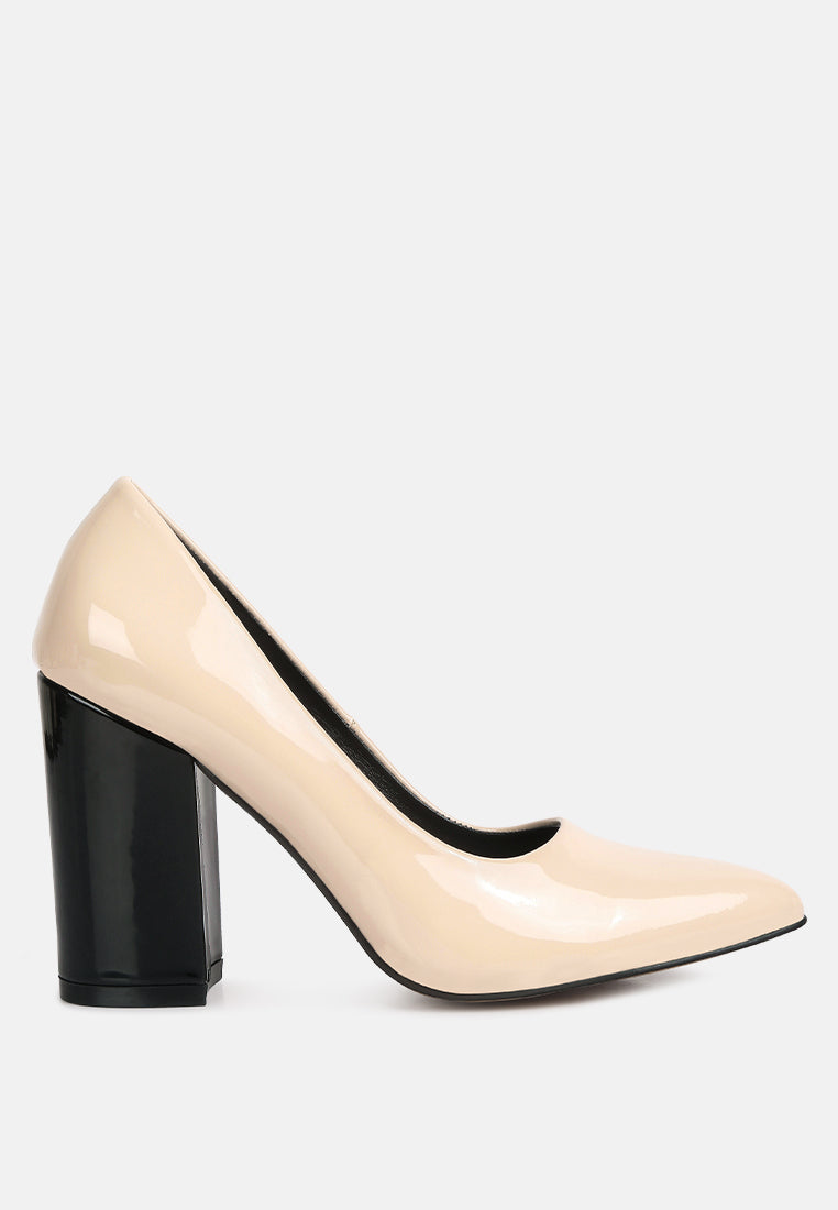 kamira patent faux leather block heel pumps by ruw#color_nude