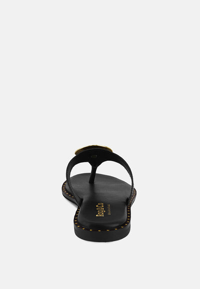 kathleen buckle embellished slip on thong sandals#color_black