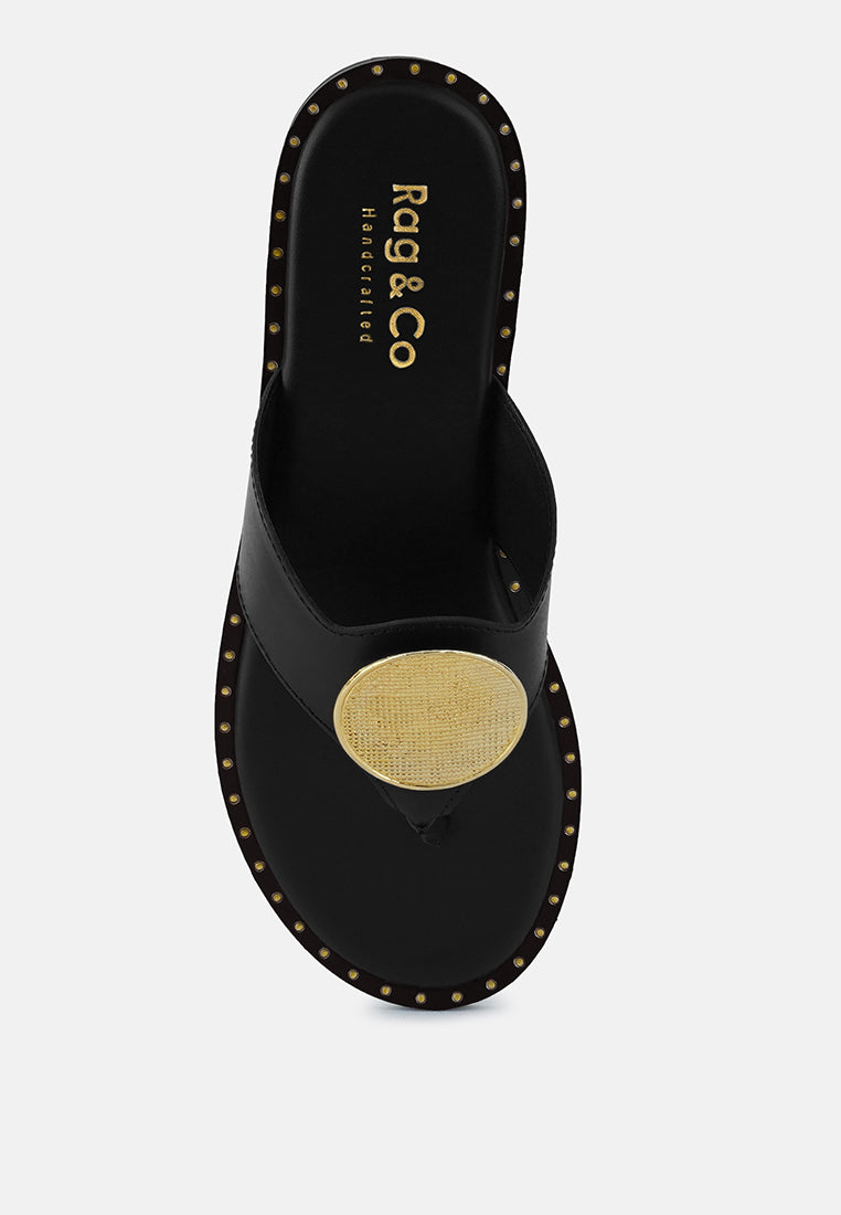 kathleen buckle embellished slip on thong sandals#color_black
