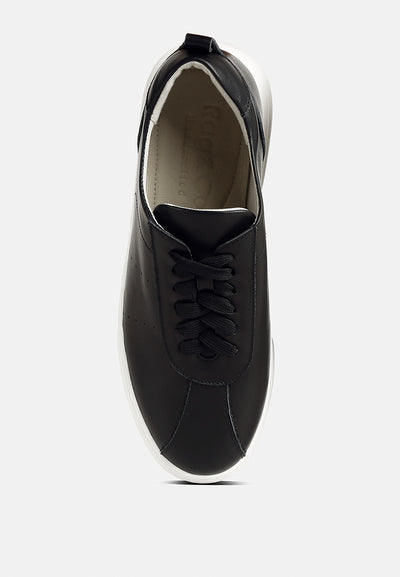 magull solid lace up leather sneakers#color_black