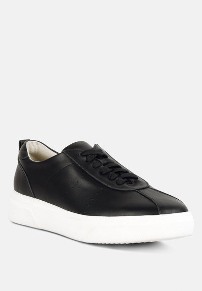 magull solid lace up leather sneakers#color_black