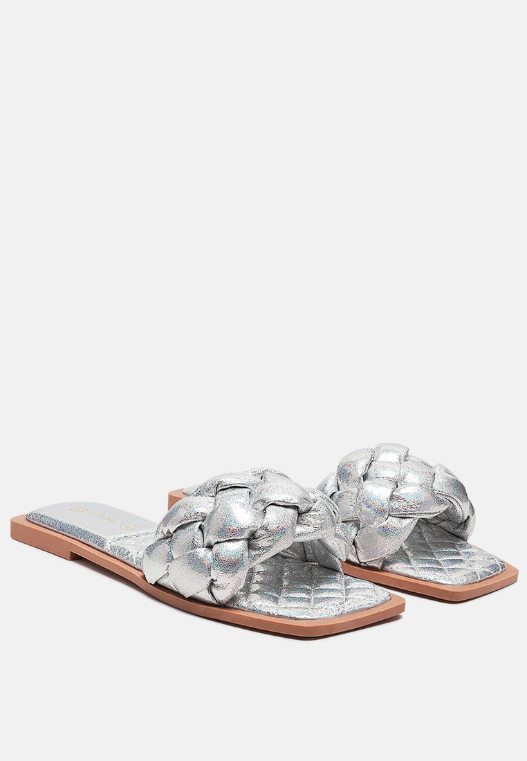 marcue patent pu quilted slides in woven straps by ruw#color_silver