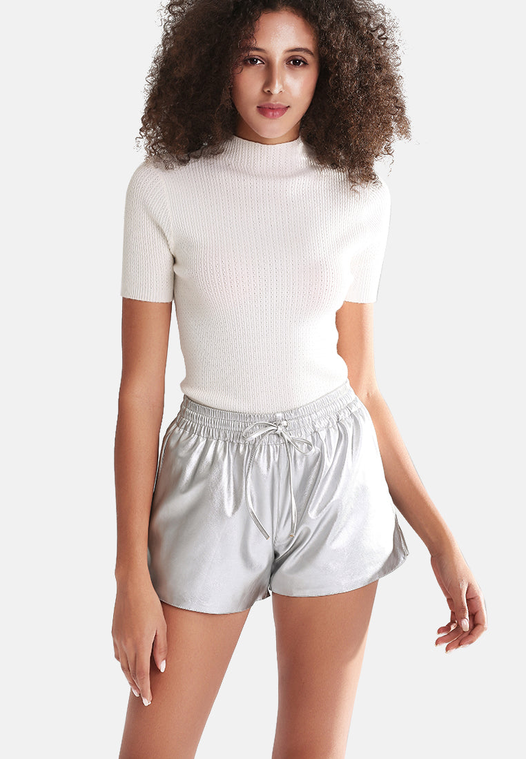 metallic faux leather drawstring shorts by ruw#color_silver