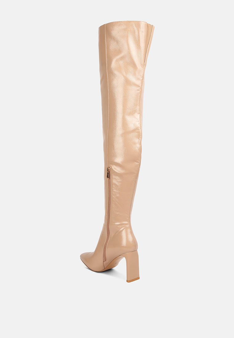 minkles patent pu long slim block heeled boots by ruw#color_beige