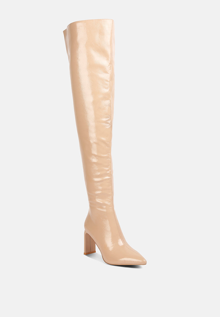 minkles patent pu long slim block heeled boots by ruw#color_beige