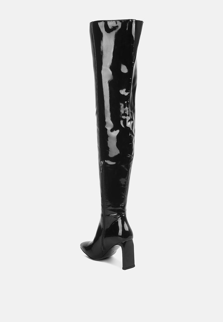 minkles patent pu long slim block heeled boots by ruw#color_black