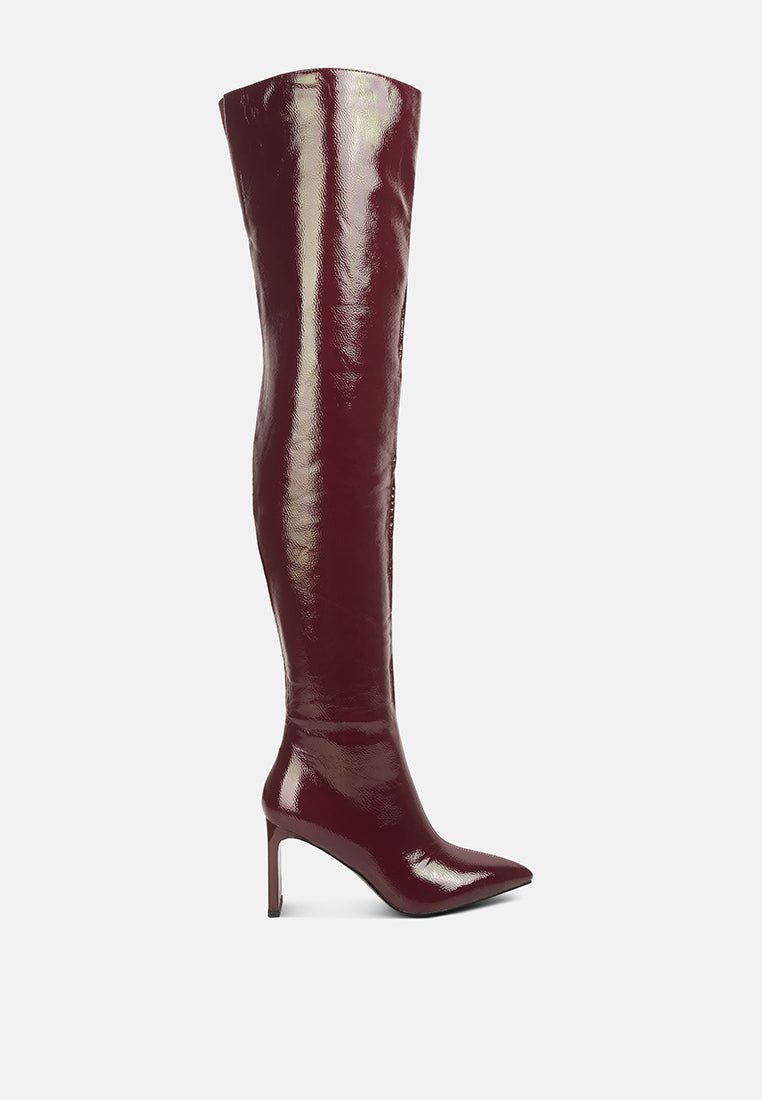 minkles patent pu long slim block heeled boots by ruw#color_burgundy