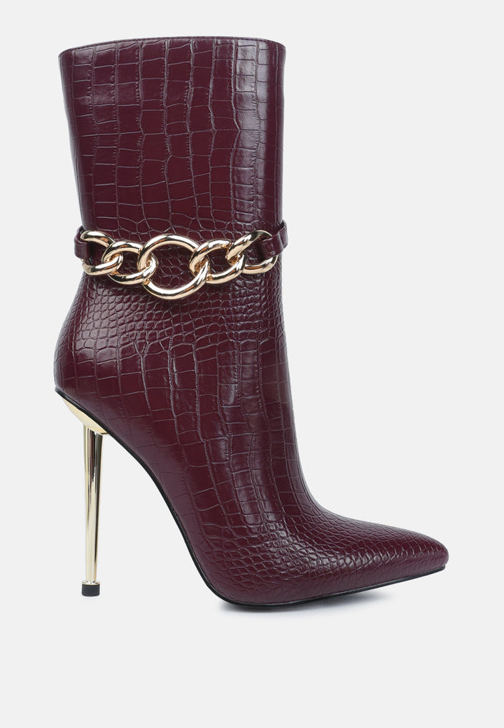 nicole croc patterned high heeled ankle boots by ruw#color_burgundy