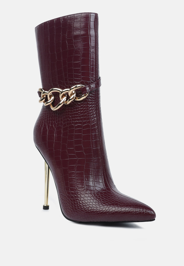 nicole croc patterned high heeled ankle boots by ruw#color_burgundy