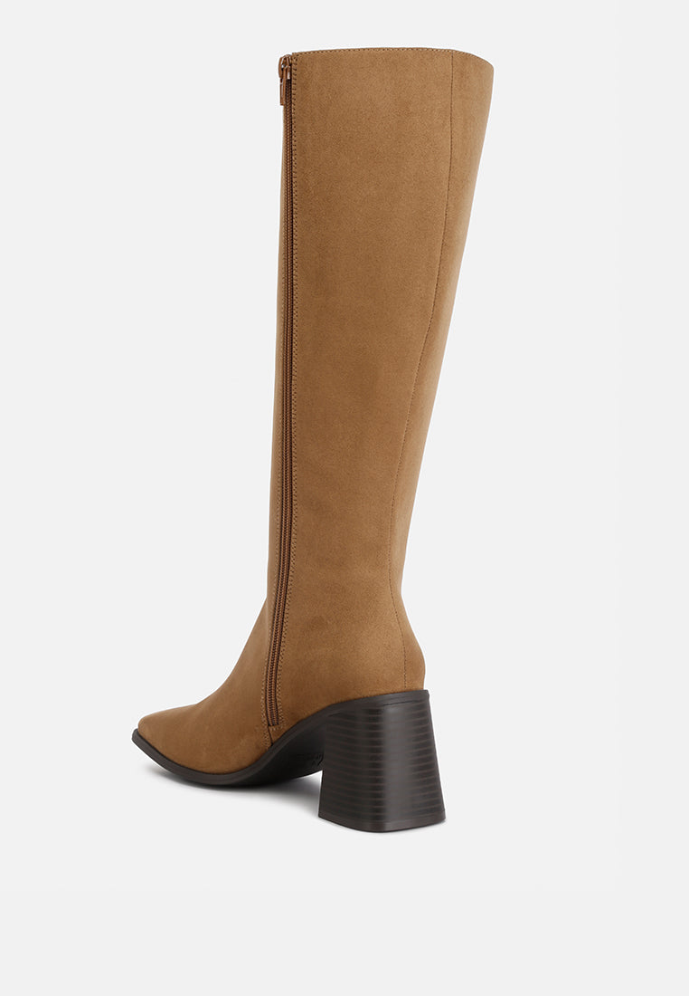 paytin faux leather block heel calf length boots by ruw#color_taupe