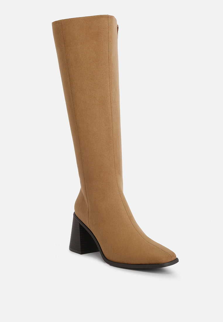 paytin faux leather block heel calf length boots by ruw#color_taupe