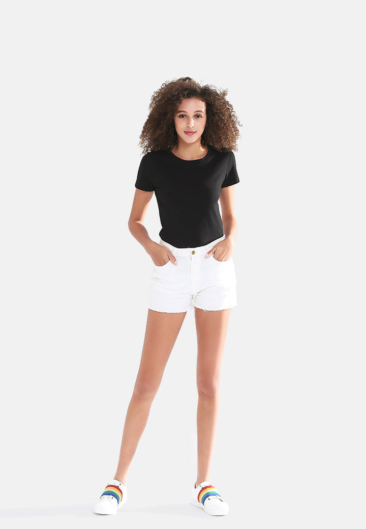 raw hem denim shorts by ruw#color_off white
