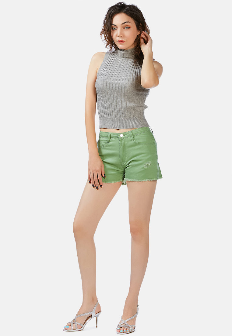 raw hem denim shorts by ruw#color_sage green