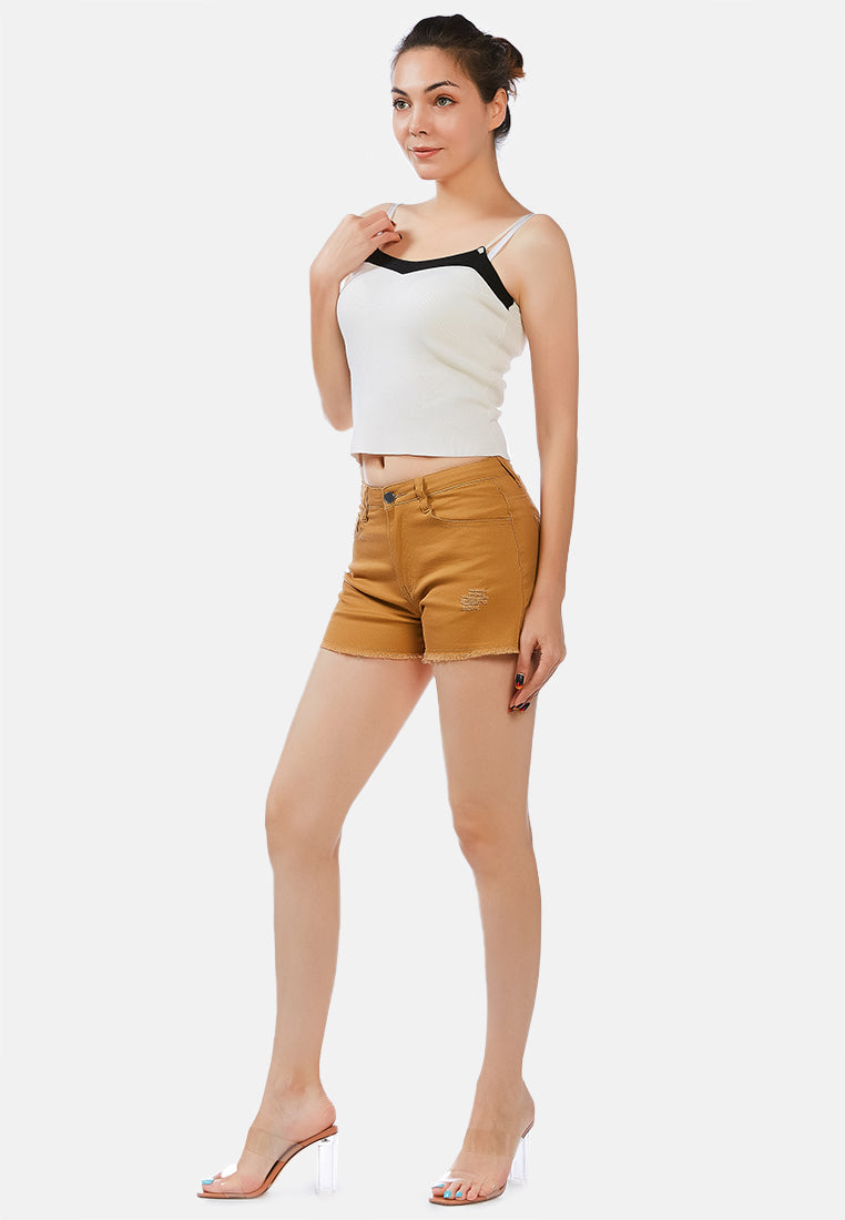 raw hem denim shorts by ruw#color_tan