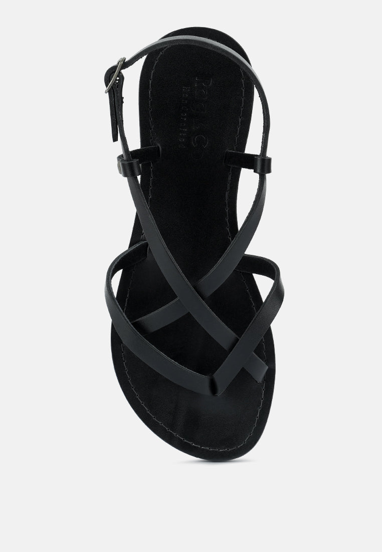 rita strappy flat leather sandals#color_black