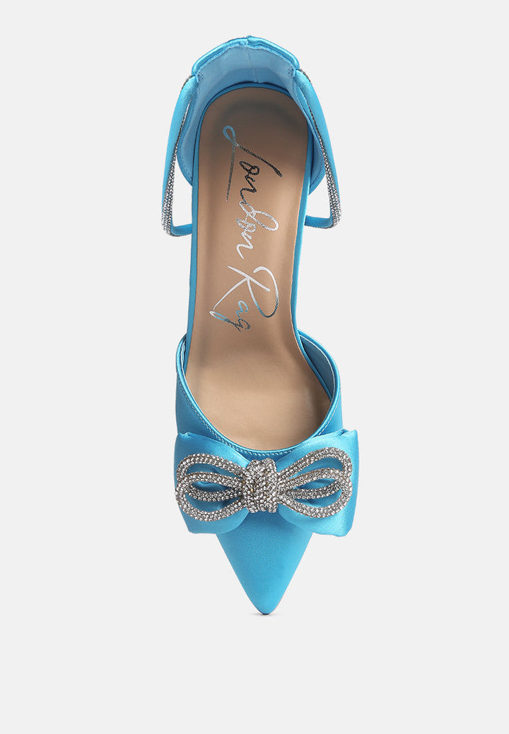 shoeverse satin stiletto heels with embellished bow by ruw#color_blue