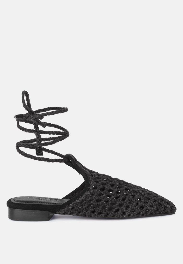 tutsi handwoven honeycomb cotton tie up mules flats by ruw#color_black