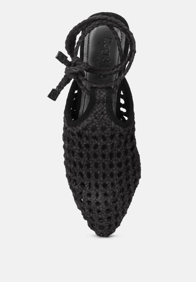 tutsi handwoven honeycomb cotton tie up mules flats#color_black