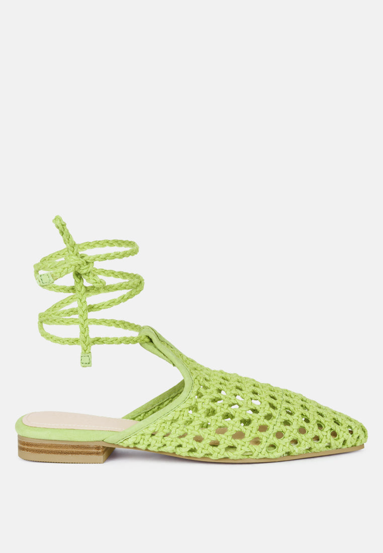 tutsi handwoven honeycomb cotton tie up mules flats#color_green