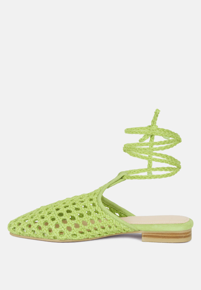tutsi handwoven honeycomb cotton tie up mules flats#color_green