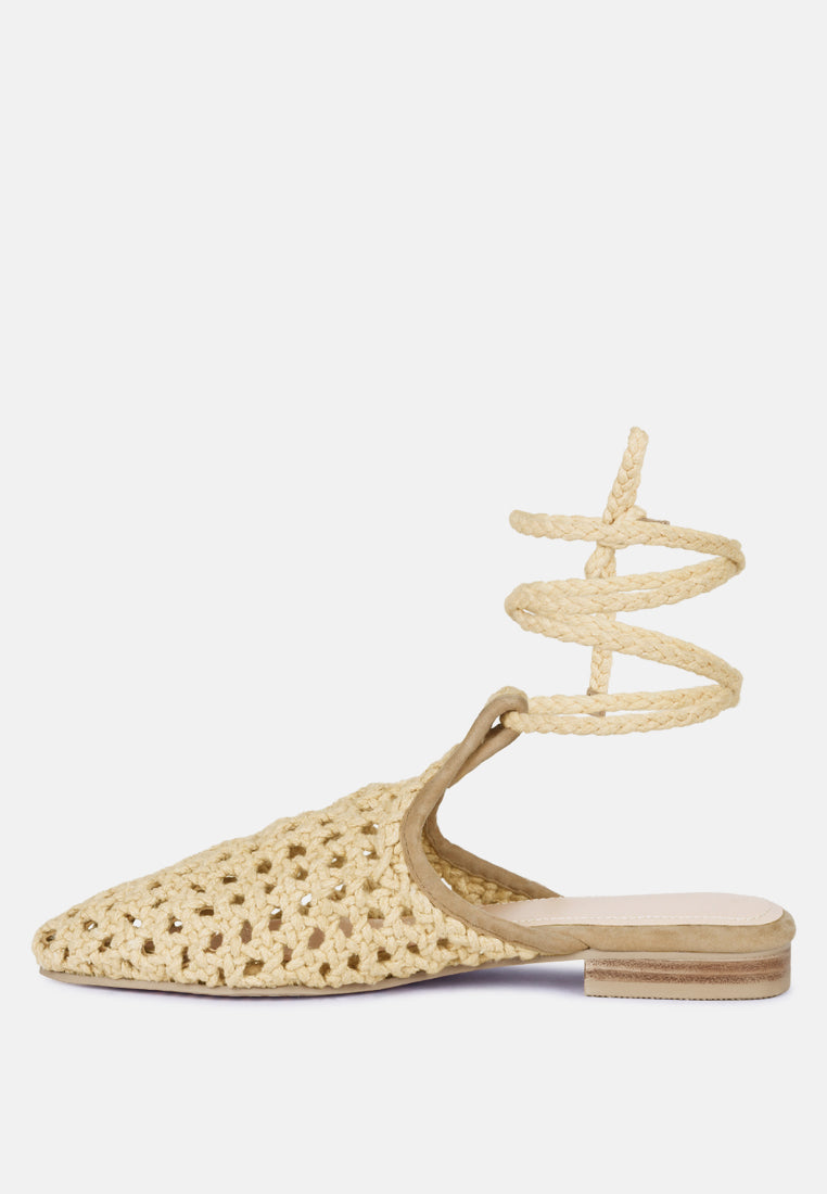 tutsi handwoven honeycomb cotton tie up mules flats#color_nude