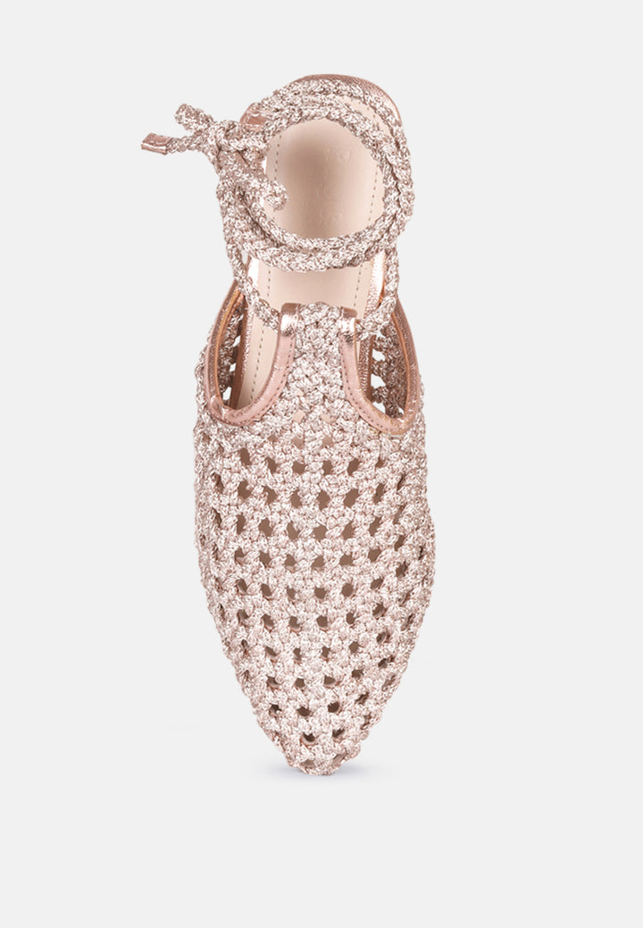 tutsi handwoven honeycomb cotton tie up mules flats#color_rose-gold