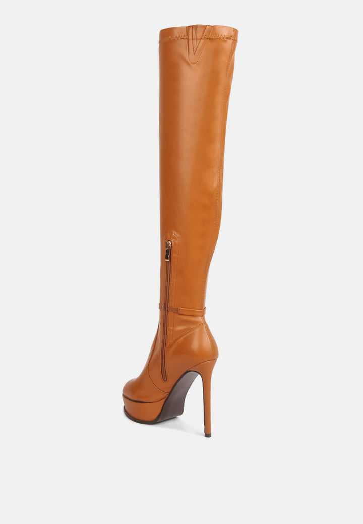 twinkles patent stiletto heeled long boots#color_tan