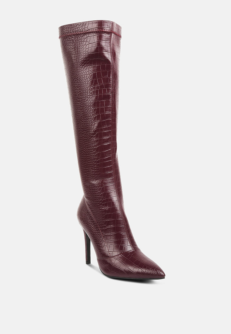 wheedle croc high heeled calf boots by ruw#color_burgundy