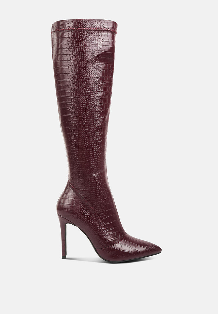 wheedle croc high heeled calf boots by ruw#color_burgundy